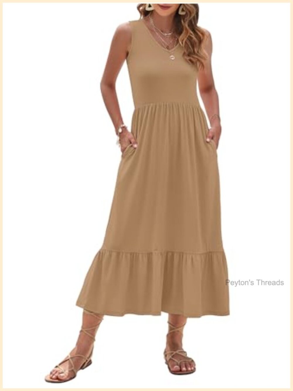 Womens Floral Maxi Dress Sleeveless V-Neck Stretchy Tiered with Pockets